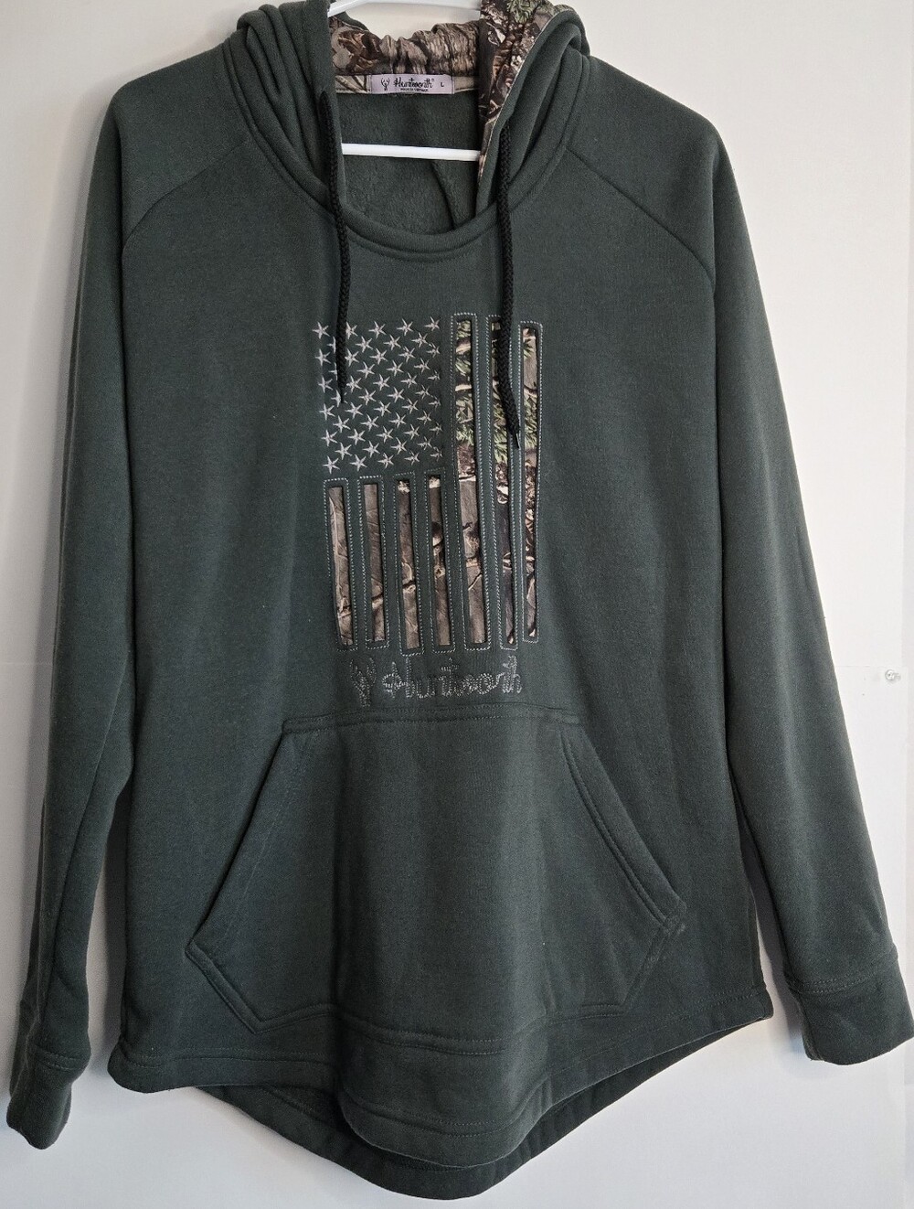 Huntworth Women's Knit Jersey Embroidered Camo Flag Hoodie Sz L Green Hunting